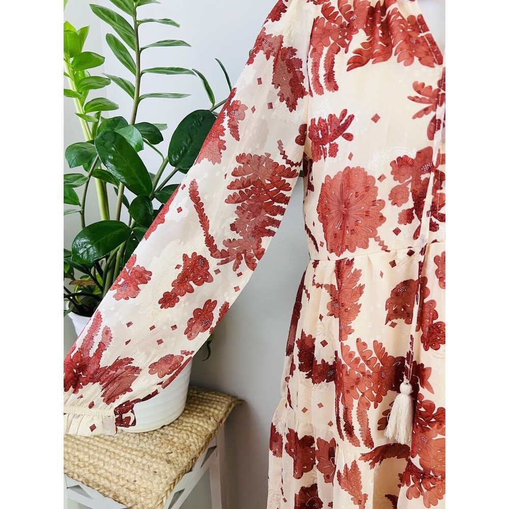 Polagram Cream & Red Big Rose Print Woven Flowy Maxi Dress Boho Prairie Small - Picture 5 of 12